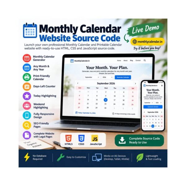 Monthly Calendar Website Source Code